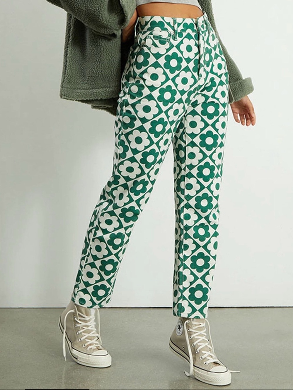 Pacsun Green & White Daisy High Waisted Straight Leg Jeans
